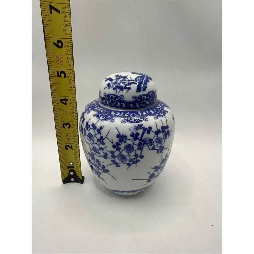 Blue & White Porcelain Floral Ginger Jar Style Lidded Jar Made in Japan *